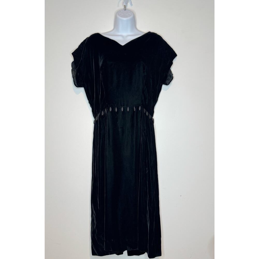 Vintage Womens Black Velvet Art Deco Dress Retro Union Label Dark Girly SIZE M/L